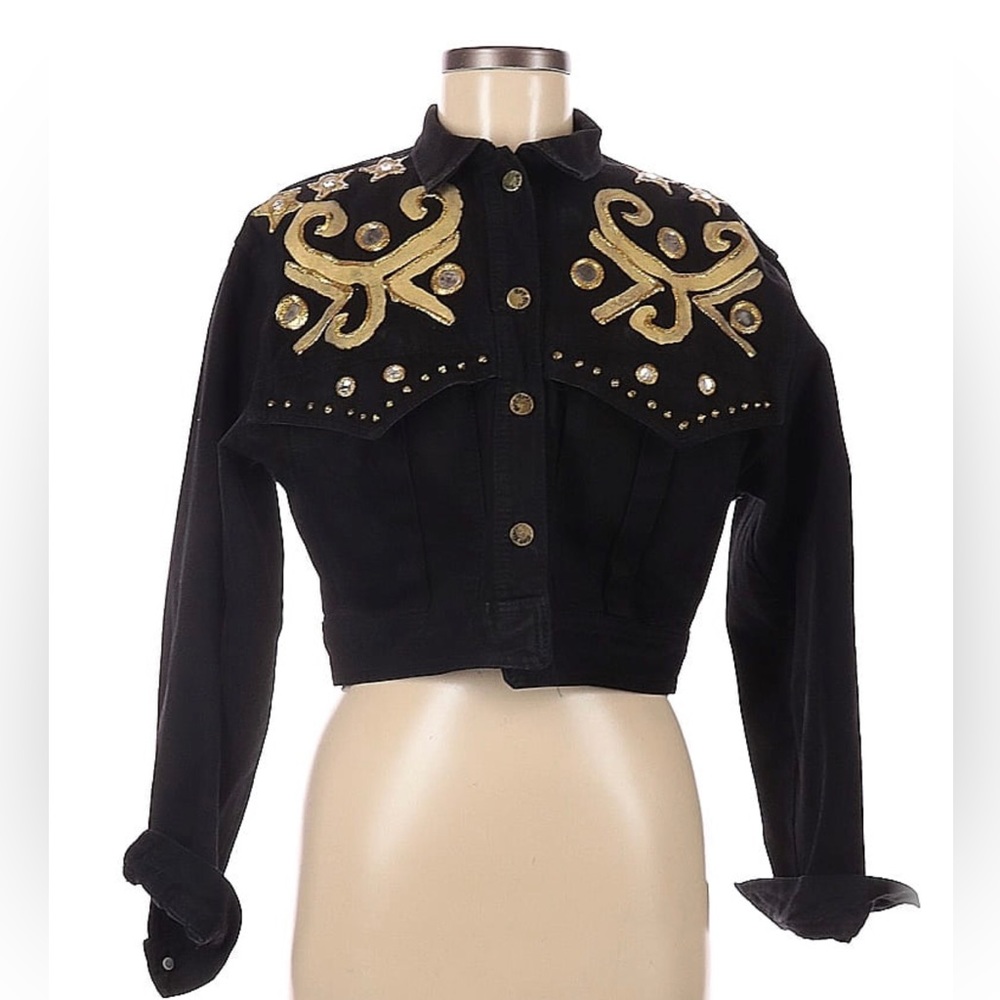 Vintage Y2K Paris Blues Denim Jean Jacket Black Gold Glitter Stars Mirrored sz M